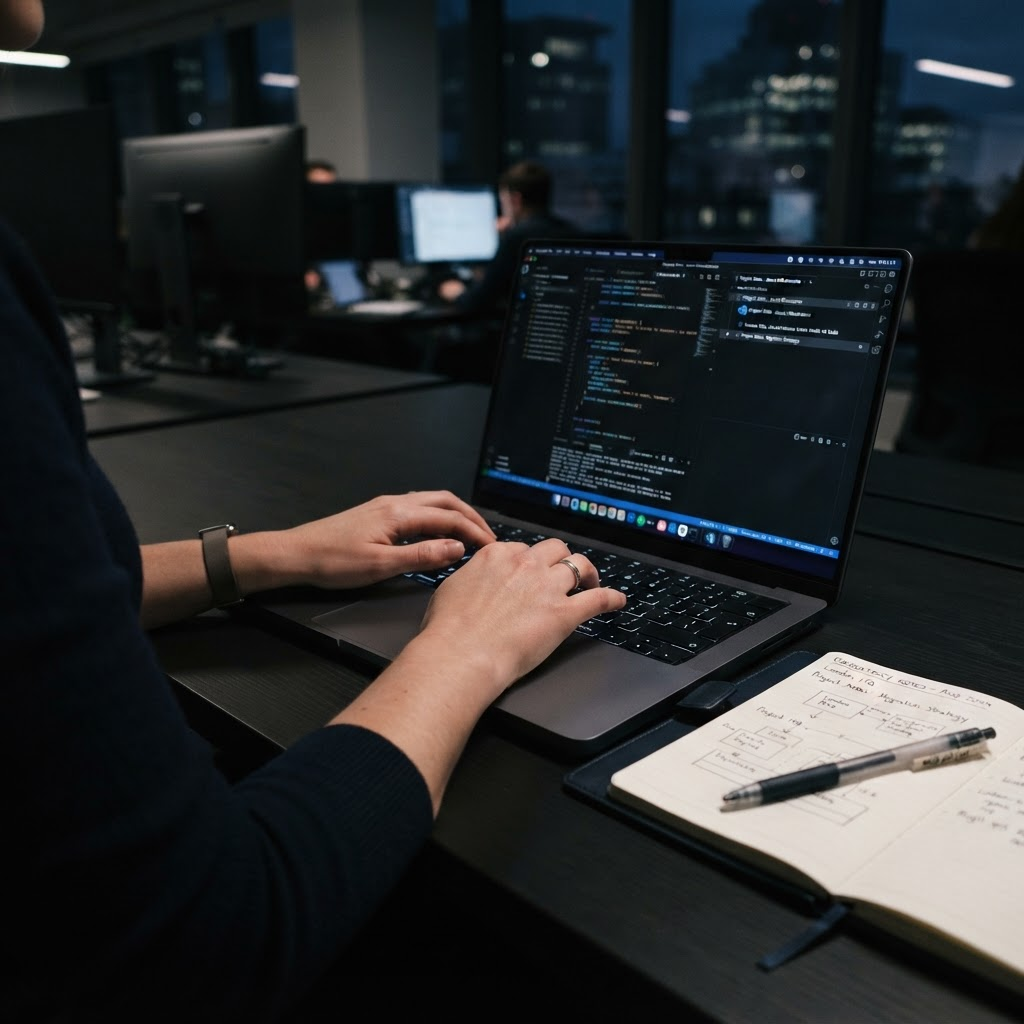 Close-up of team member working at a laptop in the Bristol office